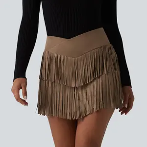 Halara Crossover High Waisted 2-in-1 Fringe Hem Bodycon Mini Suede Party Skirt
