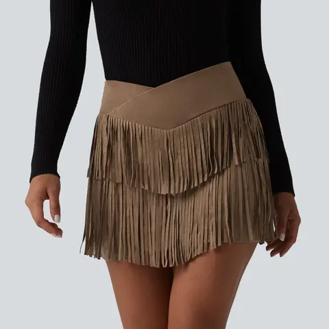 Halara Crossover High Waisted 2-in-1 Fringe Hem Bodycon Mini Suede Party Skirt
