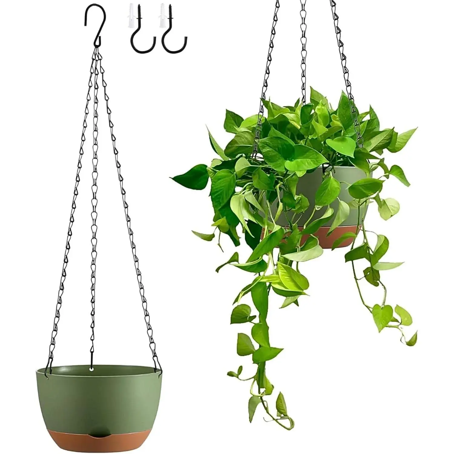 Set of 2 Hanging Planters for Indoor Outdoor Plants, 8 Inch Self-Watering Hanging Flower Pots with Drainage Hole & Removable Water-Storage Tray (Hooks)