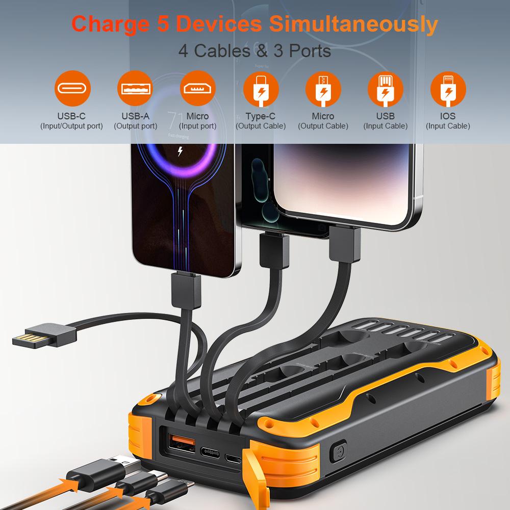citicr 40000mah large-capacity solar power bank, equipped with 4 cable outputs, 5 QC3.0PD 20W fast charging channels, 2 lighting fixtures, and 1 solar panel for efficient charging. It is suitable for outdoor activities, fishing and camping