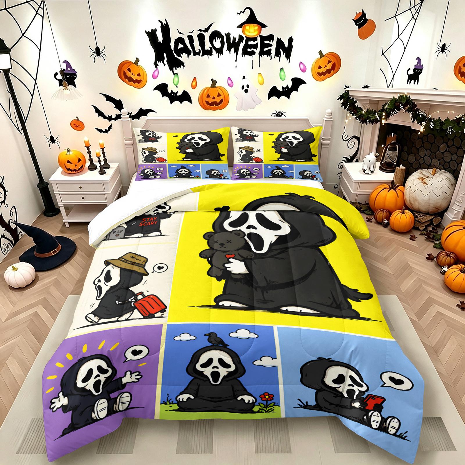 Color-Block Plaid Chibi Hugging a Teddy Bear, Pulling a Suitcase and Playing Phone Ghostface Print Comforter Set & 1-2 Pillowcases, Comfortable Easy Care Bedding, Halloween or Movie Fans Bedroom Dorm Decor
