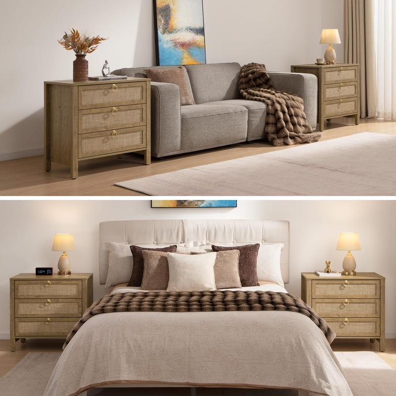 SICOTAS White Night Stand with Drawers - 15.55"D x 26.78"W x 25.67"H Rattan Bedside Table with Golden Handle, 3 Drawers Nightstand Side Table Boho Nightstand for Bedroom, Perfect for Any Bedroom, Durable and Stable