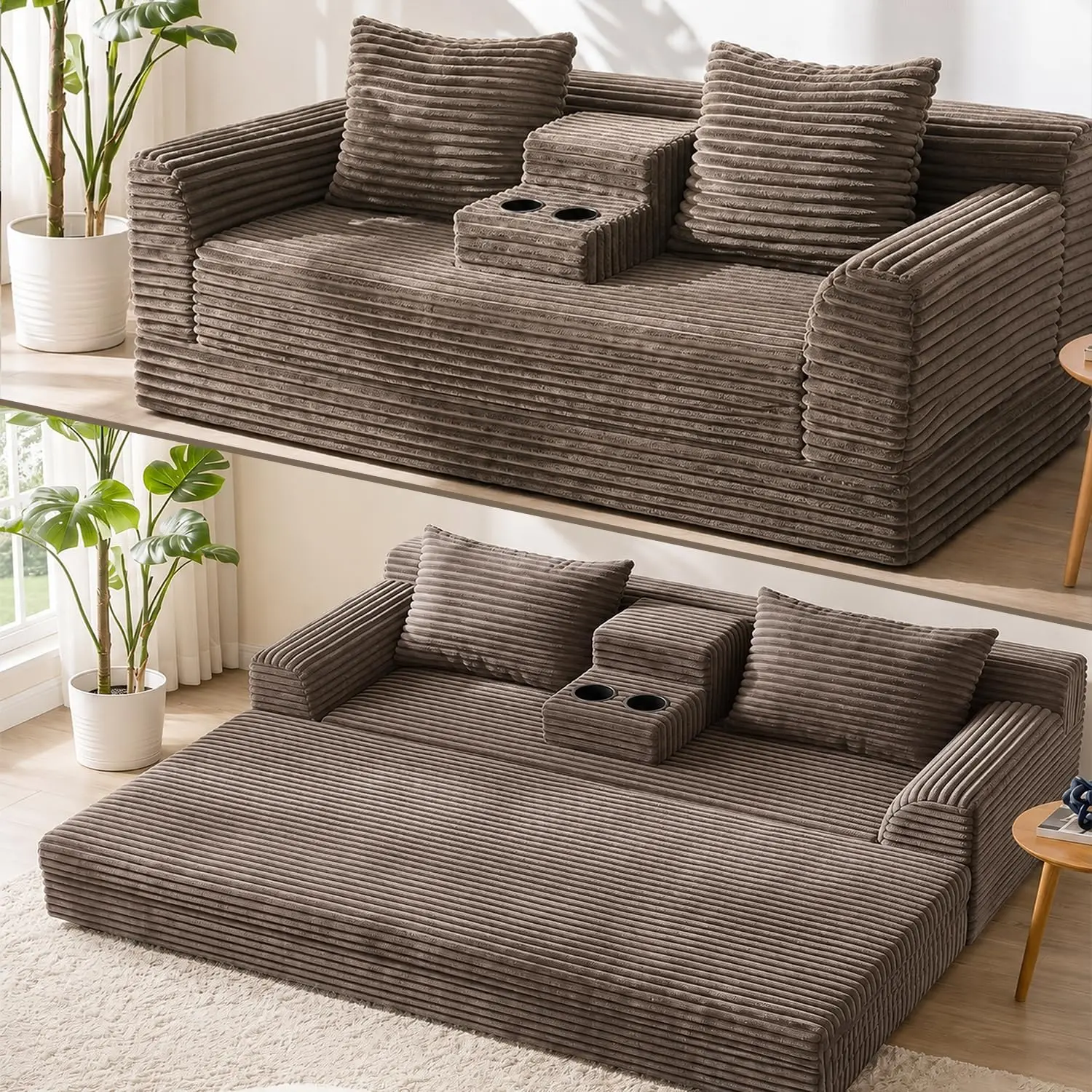2-in-1 Convertible Loveseat Couch Bed, 72'' Boneless Sleeper Sofa with Cup Holders & Pillows, Corduroy Foldable Modern Floor Sofas for Apartment Living Room Guest Room, Coffee