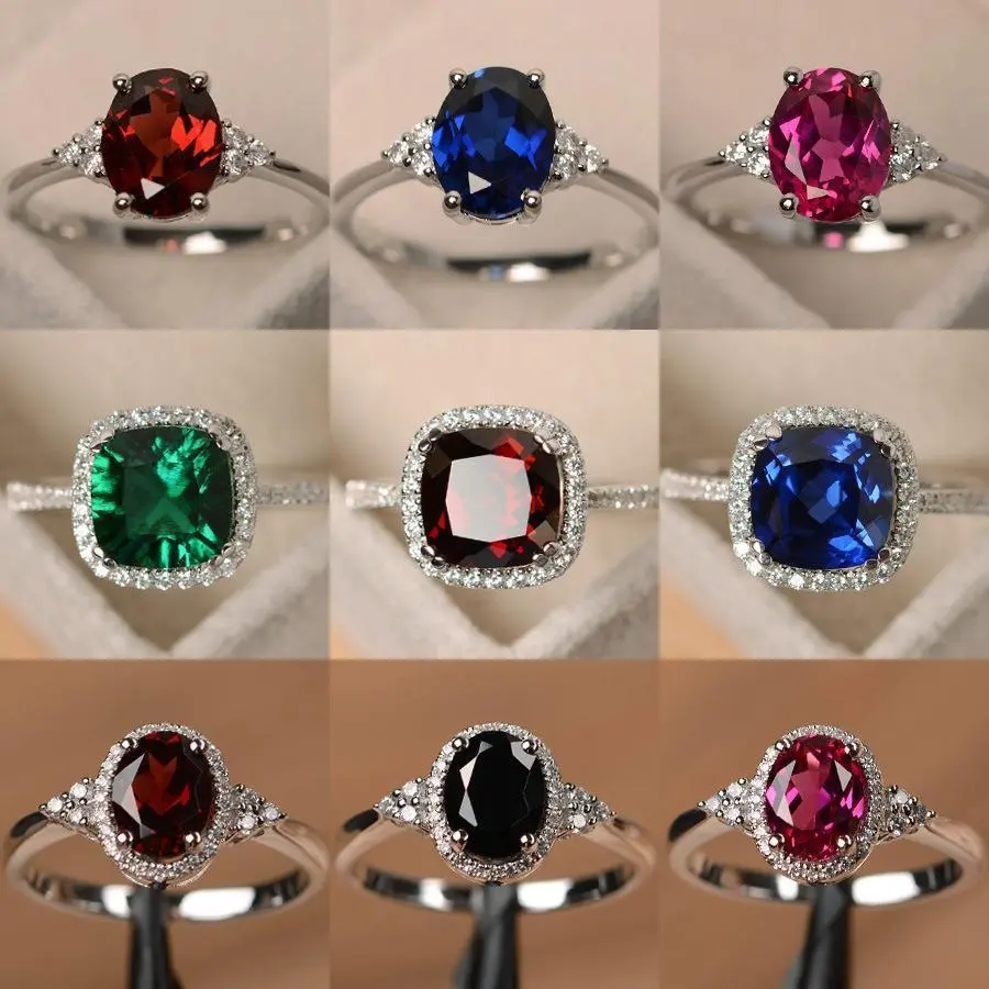 Silver plated Rings for Women Ruby Emerald Sapphire Jewelry Wedding Engagement Ring