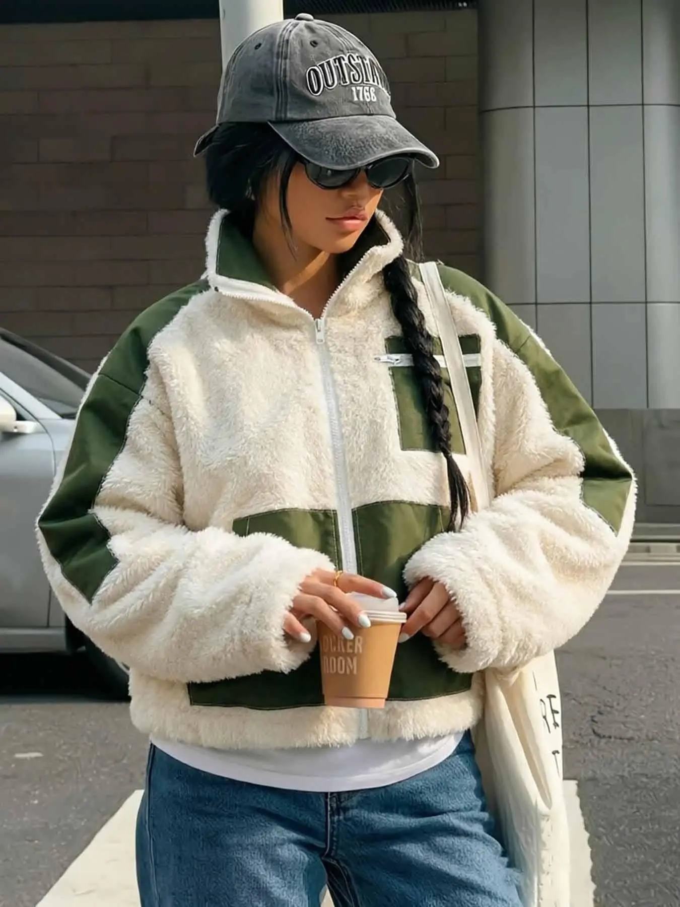 Vintage Patchwork Zipper Teddy Bear Style Coat, Loose Stand Collar Long Sleeve Jacket, Soft Warm with Pockets, Fall Winter Streetwear