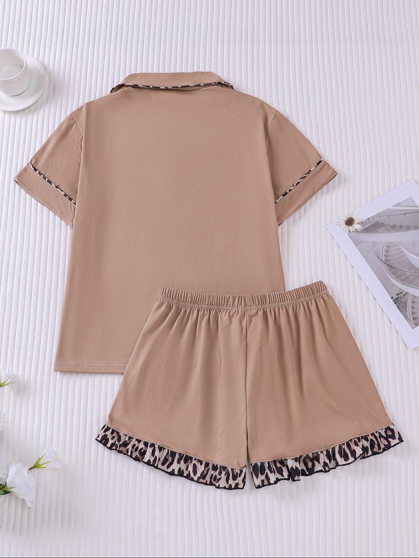 Women's Patchwork Contrast Binding Button Front Pocket Shirt & Ruffle Hem Shorts Pyjama Set, Casual Comfy Two-piece Pj Set, Ladies Summer Sleepwear, Pajama Set, Casual Lounge Sleep