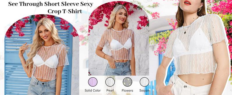 ZAFUL Women's Mesh Crop Tops Sexy Sheer See Through Tee Top Short Sleeve Crewneck Y2K Summer T-Shirts Women's Cute Black Pearl Embroidered Blouse