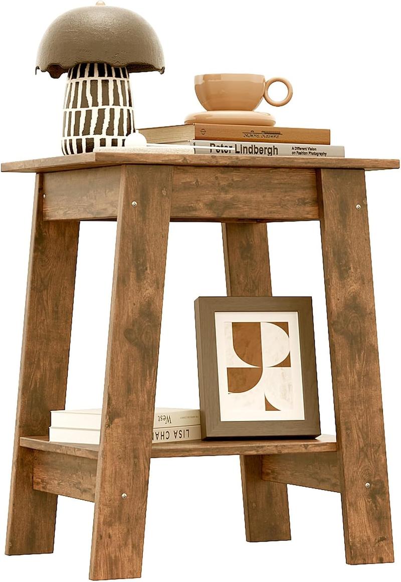 1-Piece Side Table Set with 2-Tier Storage Shelf, Narrow Small End Tables for Bedroom, Living Room, Entryway, Space-Saving Rustic Design