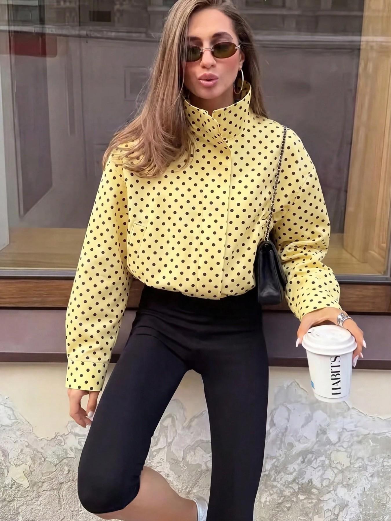 Women's New Aesthetic Polka Dot Pattern Adjustable Drawstring Jacket, Retro Zipper Long Sleeve Stand Collar Outerwear for Everyday Wear, Casual Fashionable Jacket, Streetwear