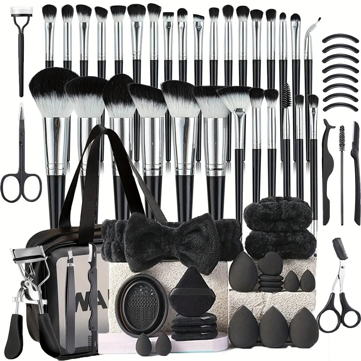 68-Piece Makeup Brush Set, Includes Beauty Sponge, Eyelash Curler, Face Wash Headband, Brow Knife Scissors, Waterproof Storage Bag