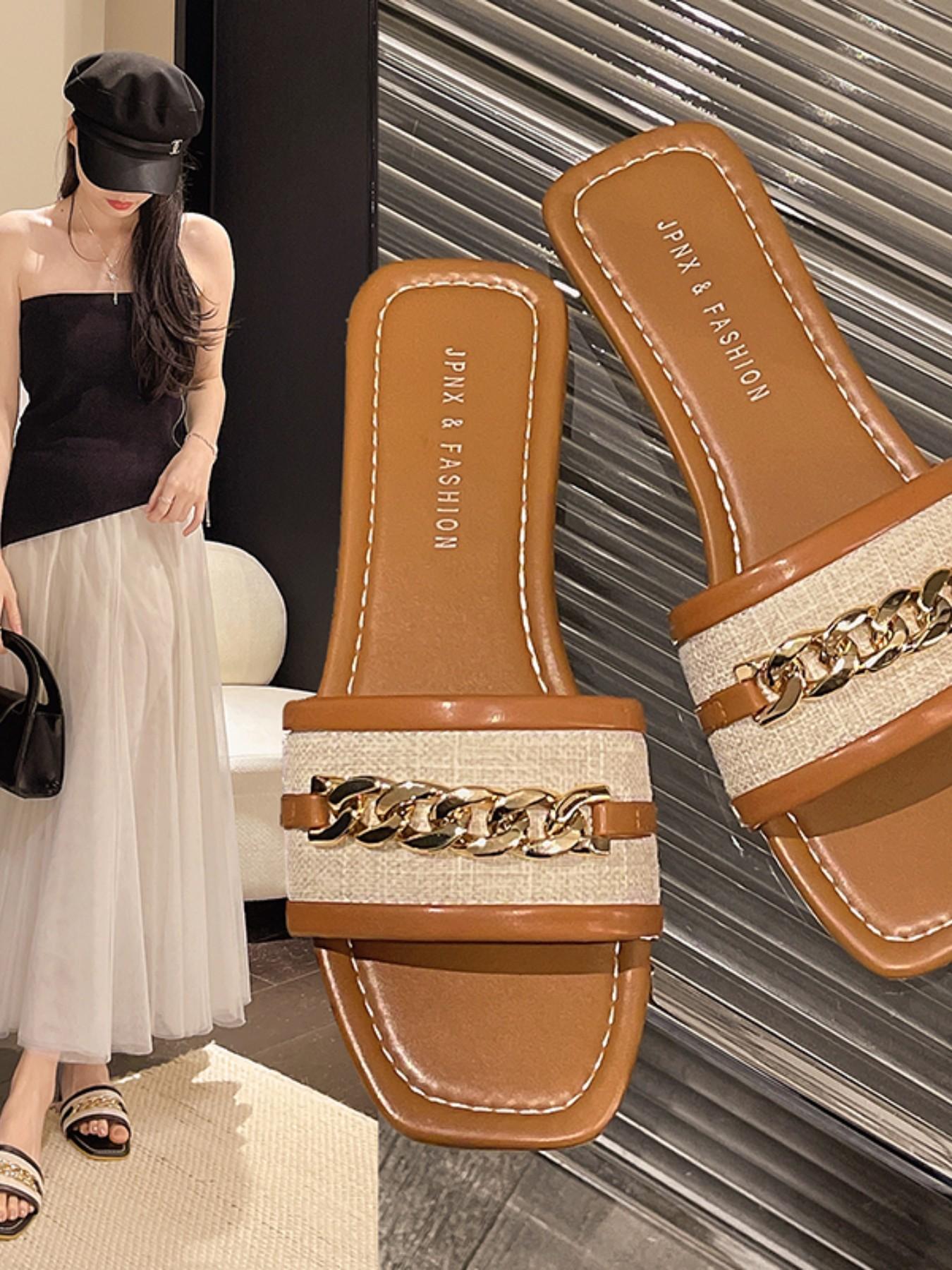 Women's Square Toe Sandals with Chain Decoration, Casual Flat Slip-On Shoes, Trendy Summer Fashion Footwear