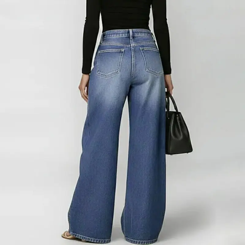 Women's High Waist Geometric Eyelet Cotton Mix Denim Style Jeans - Baggy Wide-Leg Cropped Bottoms with Side Pockets, Zip Fasten, Casual Fashion Fabric, 2026 Fall Festival Streetwear, Cold Wash Y2K Clothing