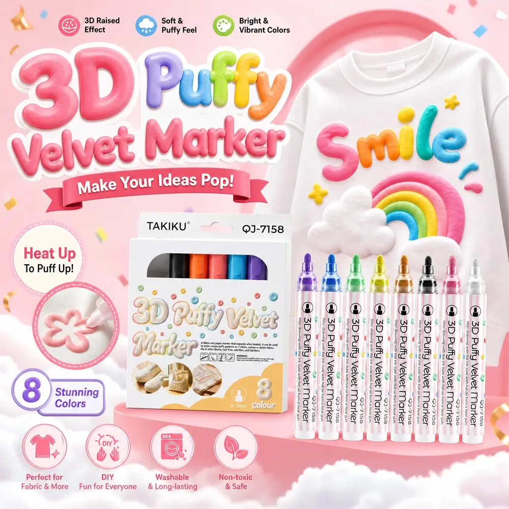 Takiku 12/8 Color 3D Expandable Marker Set, Heat-Activated Fabric Paint, DIY Creative Projects, Arts and Crafts Supplies, Non-Erasable 3D Textile Paint, Ideal for T-Shirts, Bags, Shoes