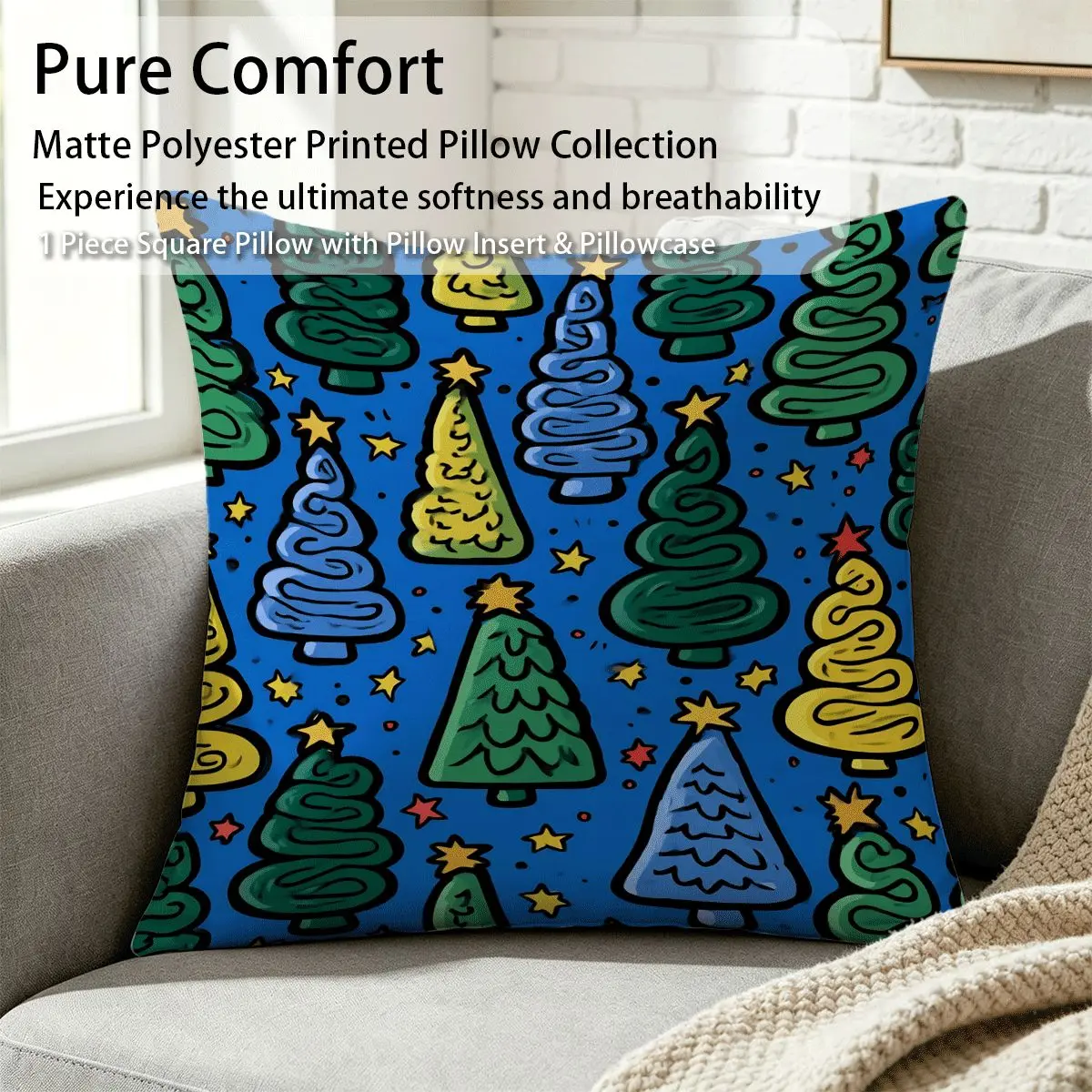 45x45cm 1Pc, Funny Doodle Christmas Tree Print Throw Pillow, crafted with soft breathable matte polyester fabric, fluffy and durable, ideal for sofa, couch, bed, living room and bedroom decoration, perfect small holiday gift, comes with pillow inser