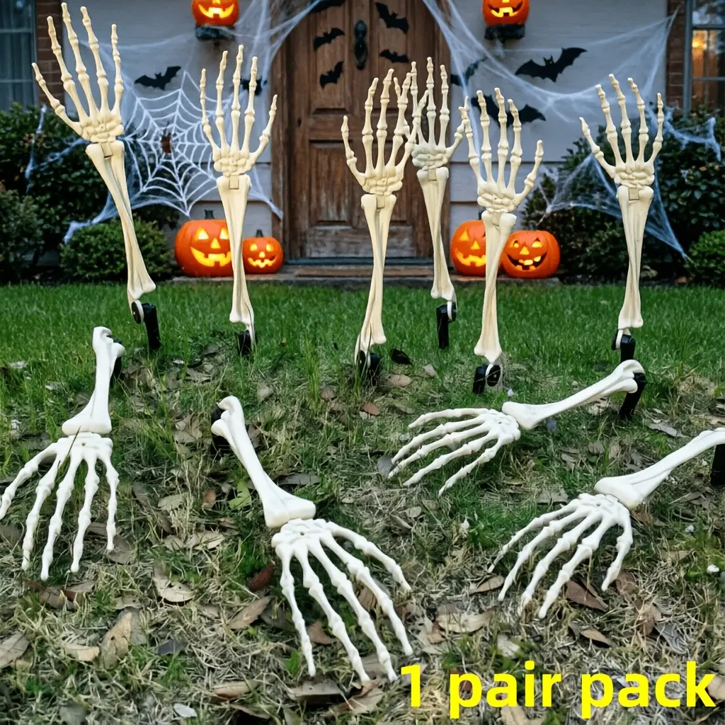 1 Pair Poseable Skull Hands Decor, Realistic Halloween Plastic Skeleton Hands with Articulated Fingers for Garden, Lawn, Haunted House & Party Decorations, Creepy Holiday Prop Must-Have
