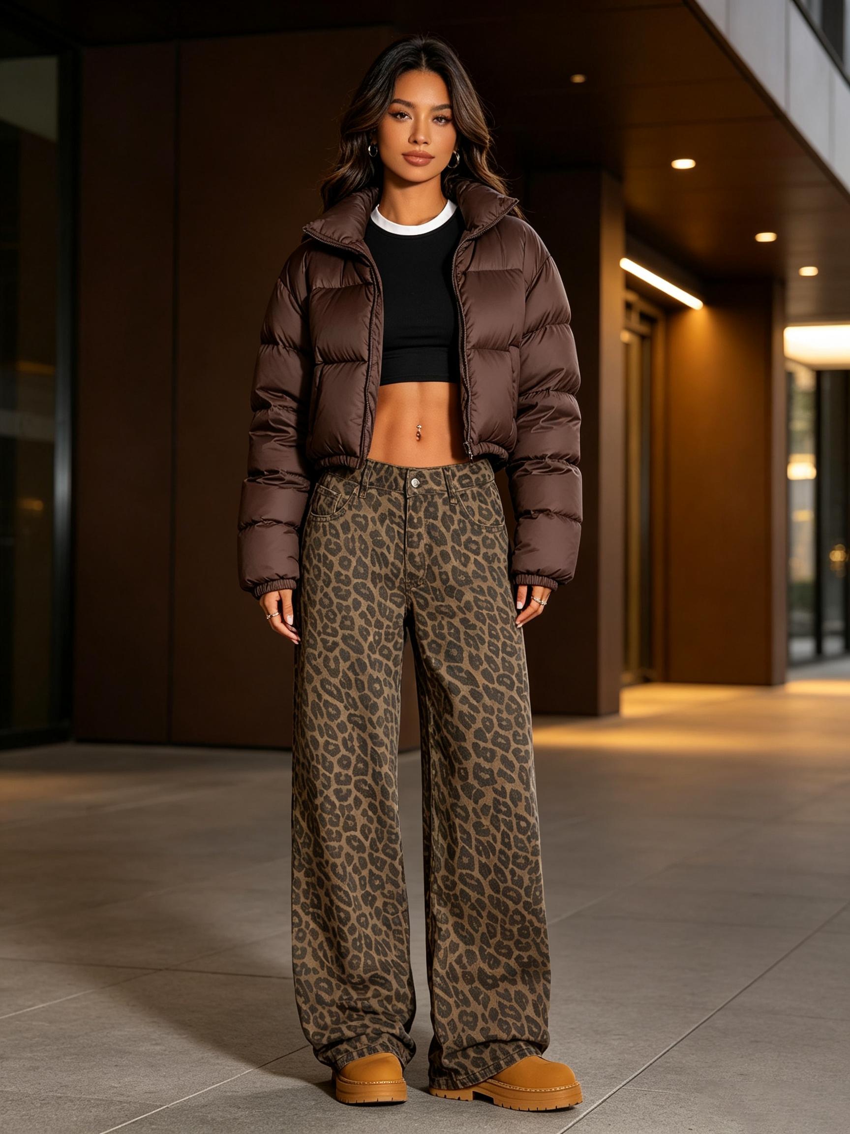 Women's Leopard Print Wide-Leg Oversized Pants, Loose-Fit Elastic Waist Button-Fly Trousers, Casual Trousers, Multiple Colors Available, Boho Style Pants, Bohemian Casual Pants, Casual Fashion Trousers