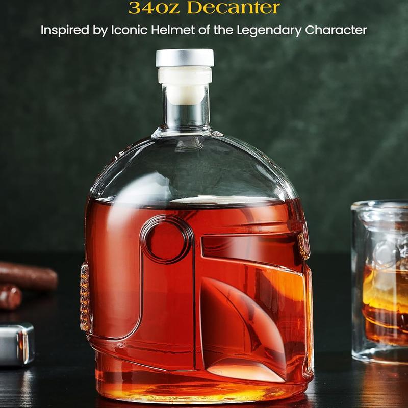 Helmet Whiskey Decanter Set, 34oz Lead-Free Glass Liquor Bottle With 2 Glasses & 4 Whiskey Stones, Unique Bourbon Decanter Gift For Dad, Men, Home Bar, Perfect For Spirits, Birthday Halloween Christmas Gifts