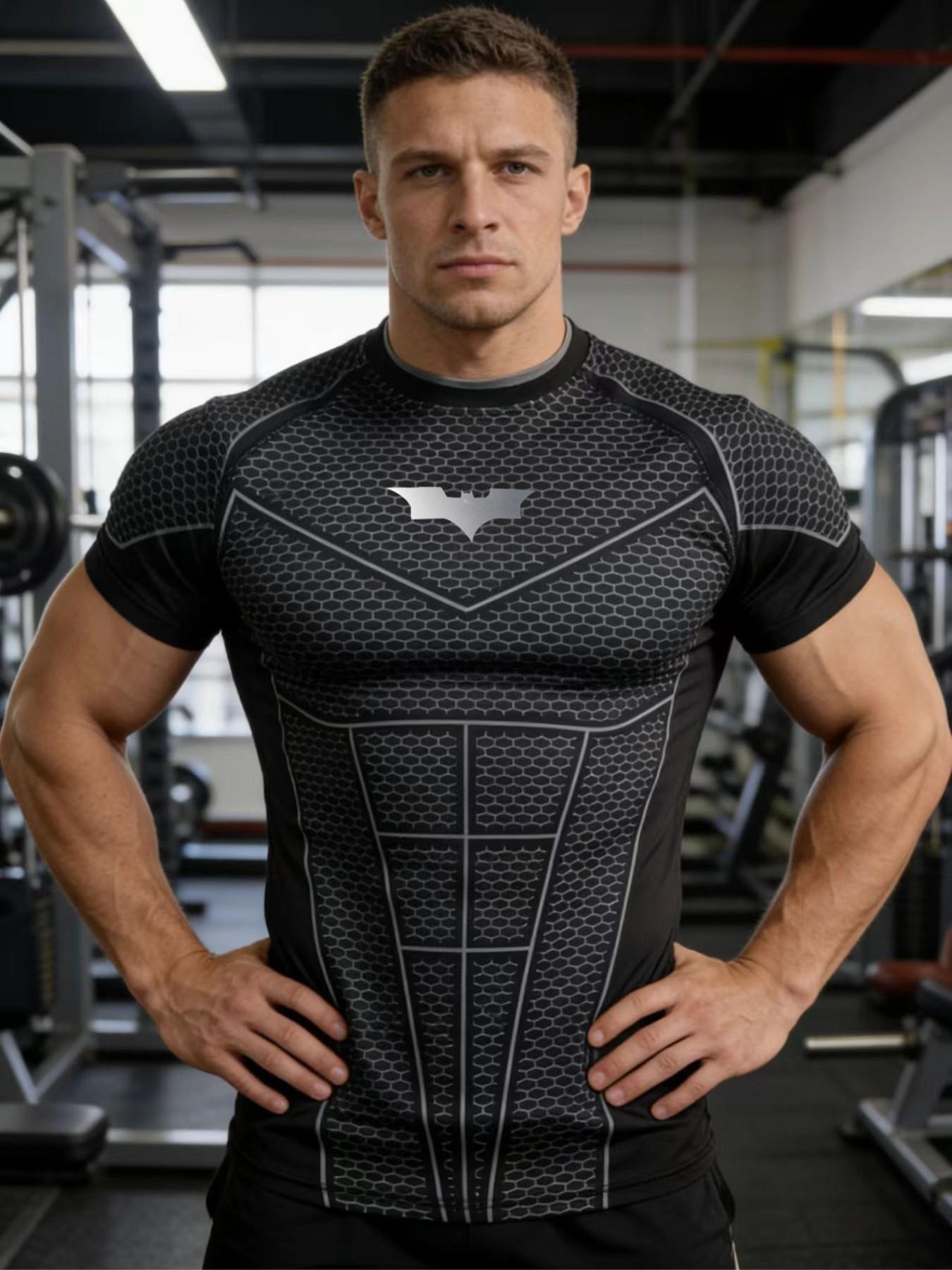 Men's Batman Compression Sports Shirt, Short Sleeve Workout Top, Quick-Dry Breathable Athletic Apparel, Ideal for Fitness Training