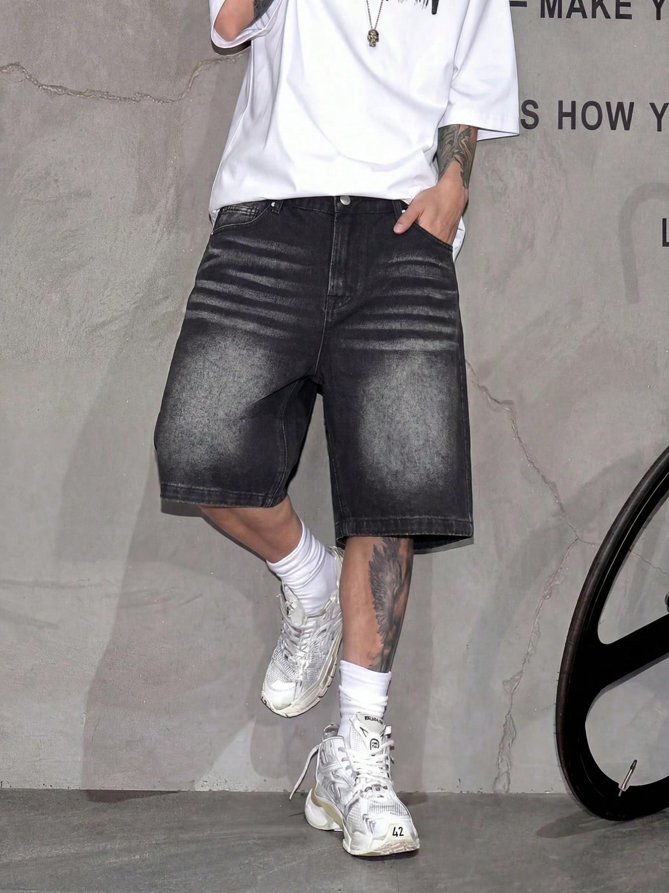 Men's Fashion Street Style Loose Fit Denim Shorts, Casual Mid Waist Zipper Fly, Plain Pattern, Daily Wear, Comfortable and Stylish