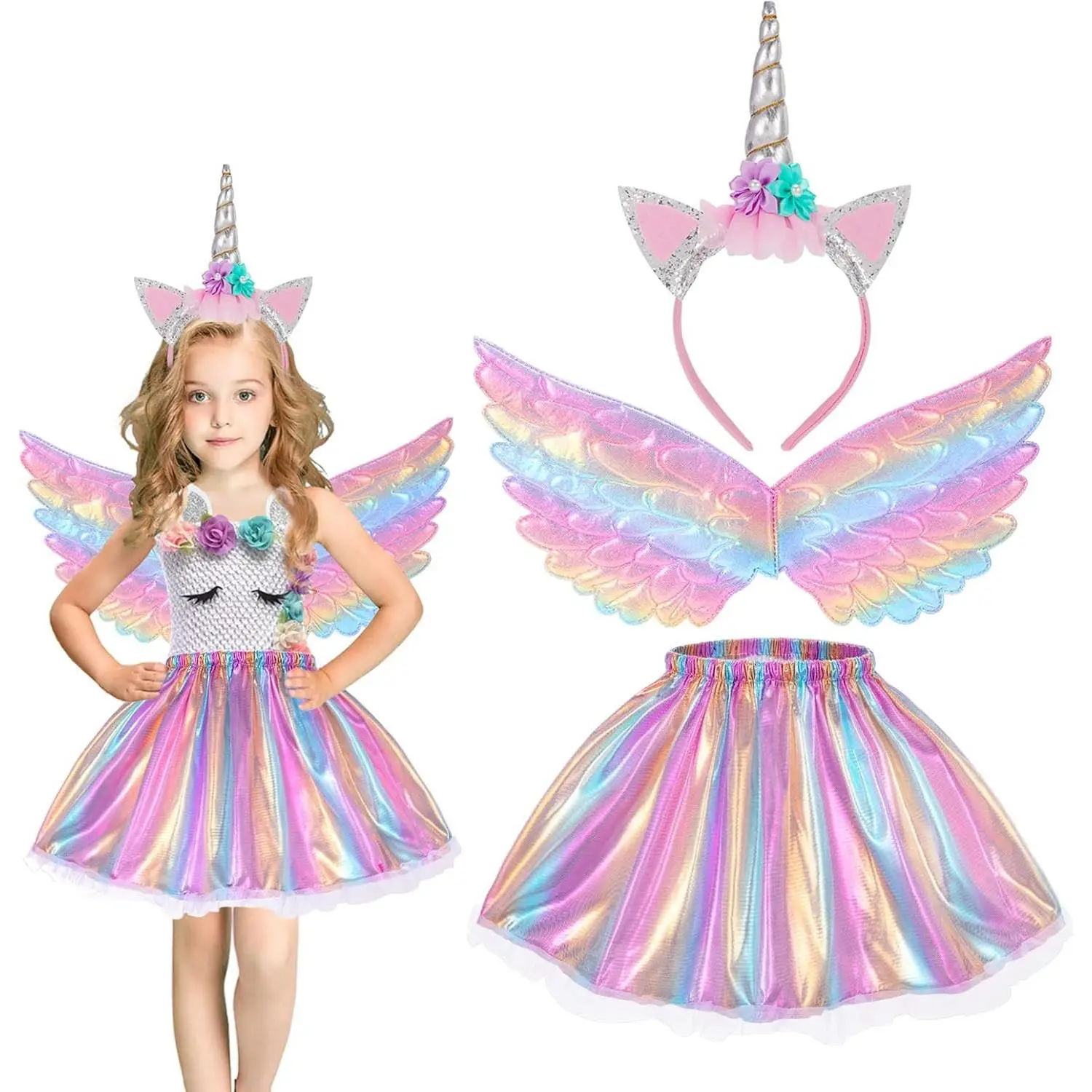 Unicorn Costume for Girls - Birthday Tutu Dress with Wings and Headband, Christmas Party Outfit GiftGift