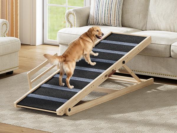HOOBRO 63" Long Folding Pet Ramp with Non-Slip Mat and Safety Side Rails, Dog Ramp for Bed, 5 Height Adjustable up to 29.5", Wooden Dog Ramp for Couch, for Small/Large Dogs, Natural and Black