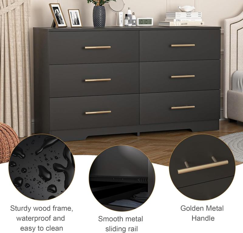6 Drawer Dresser with Gold Handles for Bedroom, Modern Wide Chest of Drawers with Sturdy Frame for Living Room, TV Stand with Drawers Storage Cabinet Furniture for Closet Beside Living Room,Black Aesthetic Interior 6 Drawer Dresser with Gold Handles for Bedroom, Modern Wide Chest of Drawers with Sturdy Frame for Living Room, TV Stand with Drawers Storage Cabinet Furniture for Closet Beside Living Room,Black Aesthetic Interior