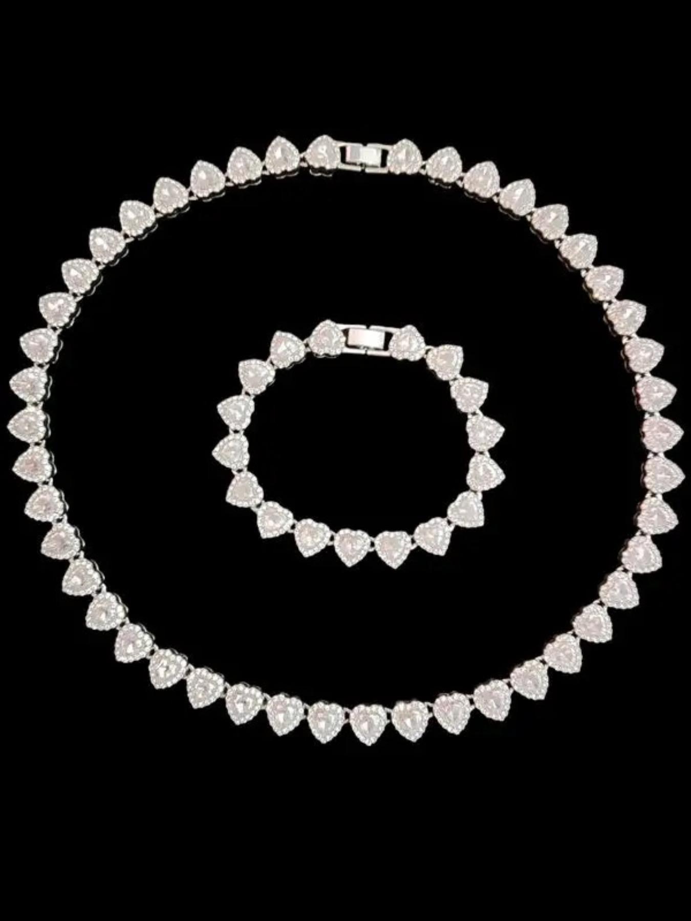 2Pieces/Set 10mm Love Heart Shape Chain Necklace and Bracelet Men or Women Hip Hop Iced Out Bling Bling Chain Necklace and Bracelet Fashionable Elegant Jewelry Set Fashion Set Jewelry Valentines Gift