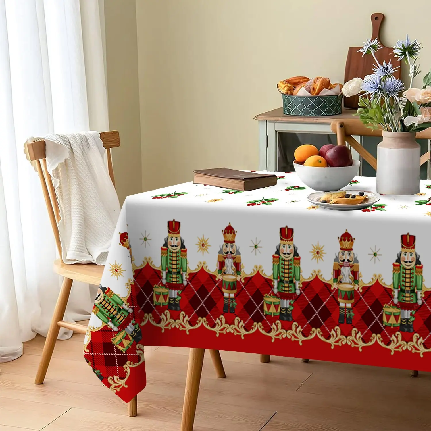 Christmas Rectangular Tablecloth, Nutcracker Pattern, Indoor Outdoor Use, Wedding Party Decor, Coffee Shop Kitchen