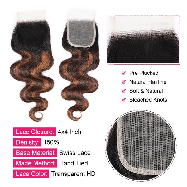 Uwigs FB 30 Highlight Body Wave Bundles With 4×4 Closure Colored Human Hair Weave Hair Extensions For Women