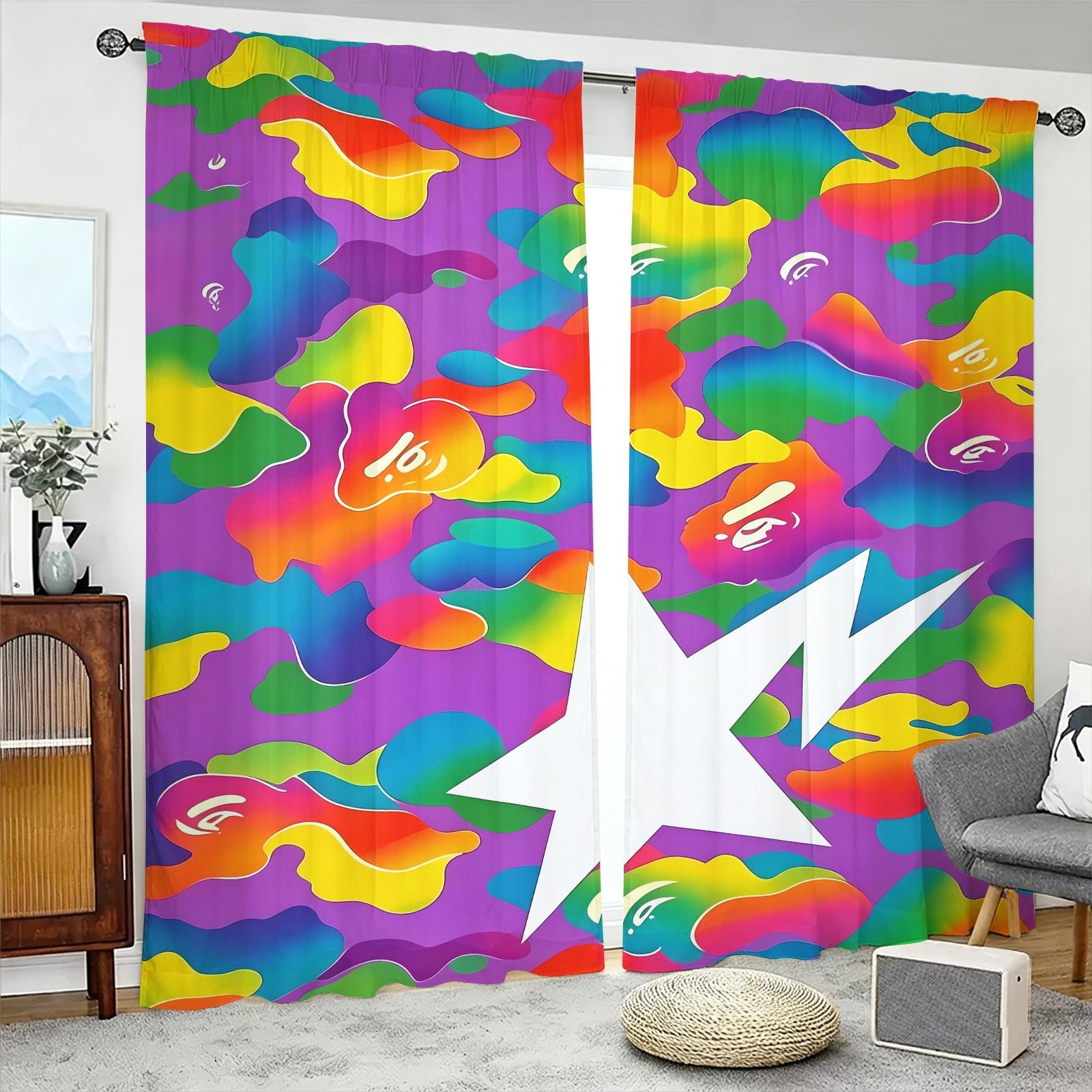 Gray Black Camo Star Semi-Sheer Light Filtering Curtains, Curtain for windows, Privacy Protection Brushed Flannel Drapes, Streetwear Camouflage Print Non-Blackout Rod Pocket Panels, Window Decor for Living Room, Teens Bedroom