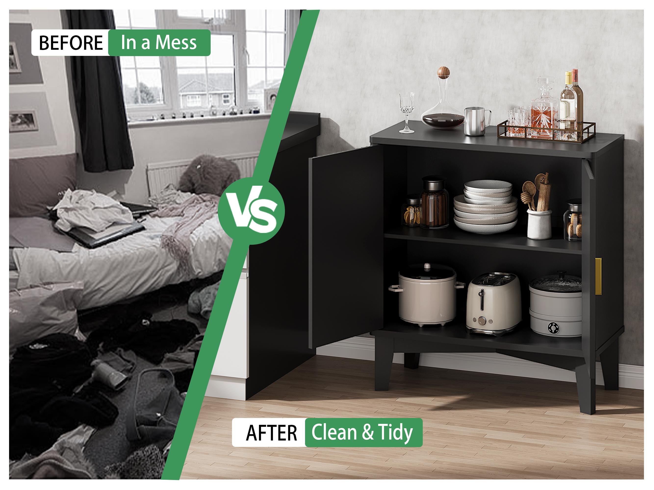 Storage Cabinet with Doors and Adjustable Shelf, Modern Fluted Sideboard Buffet Cabinet, Freestanding Coffee Bar for Kitchen, Pantry, Entryway, Living Room