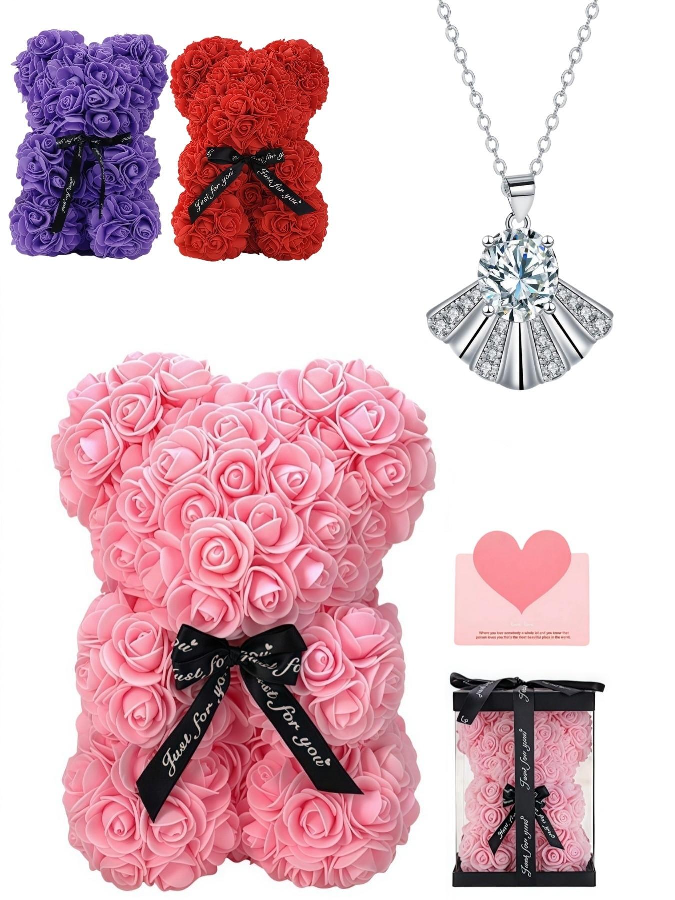 Shell Shadow Star Glow | Original Sparkling Fan-shaped Gem Pendant, Gold Plated Diamond-studded Skin-flattering Necklace with Preserved Rose & Bear Gift Box, Perfect Gift for Wife & Daughter, Birthdays, Mother’s Day & Valentine’s Day