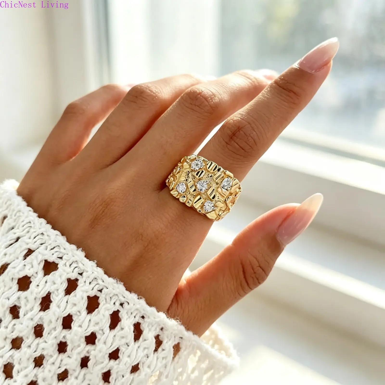 14K Gold Plated Chunky Nugget Ring - Rings for Women, Hip-Hop Textured Statement Costume Jewelry, Durable Everyday Wear Accessory, Ideal Birthday Gift for Streetwear Enthusiasts