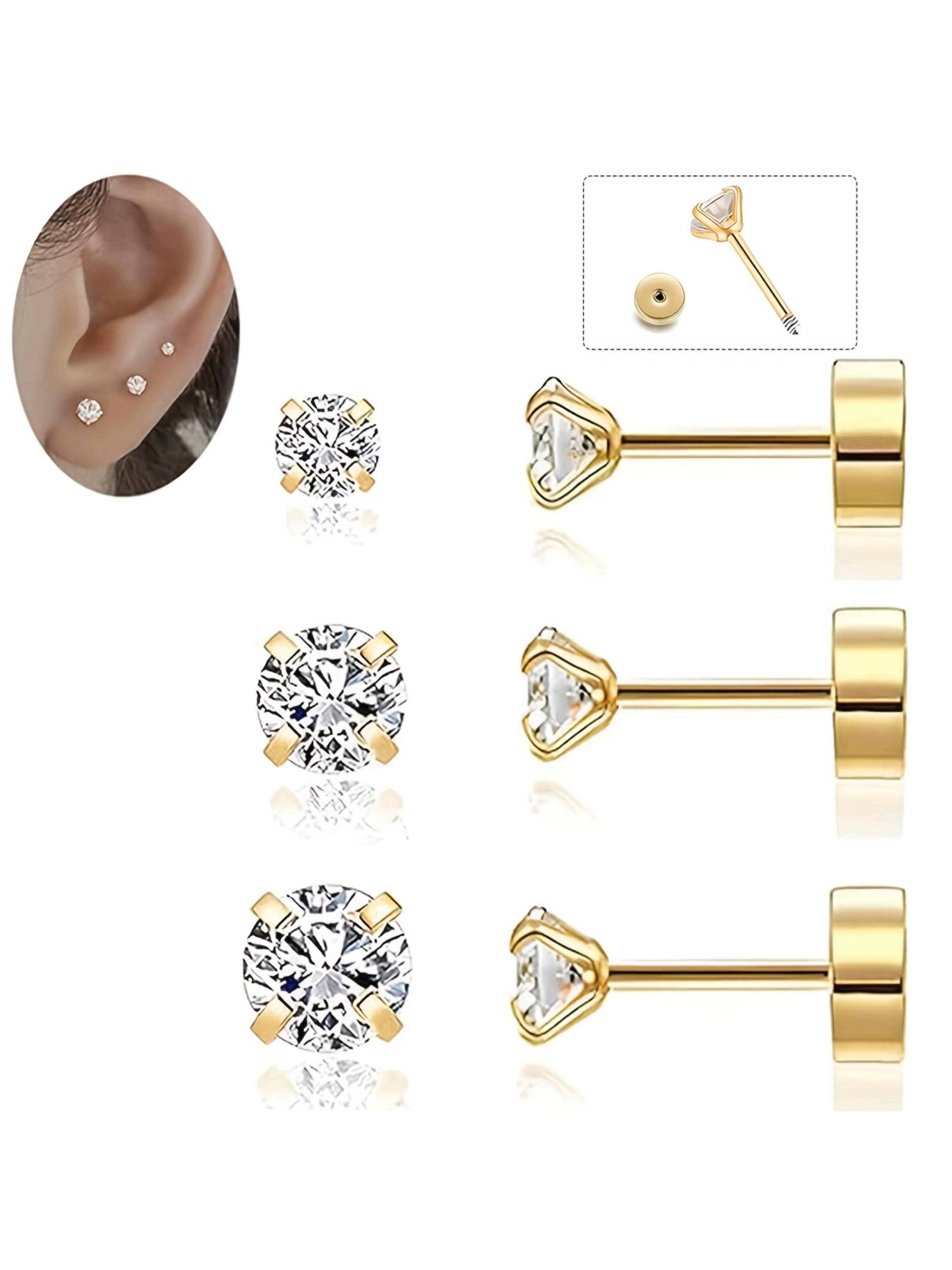 5 pairs Women's Earring Set  CZ Cubic Zirconia Stones Flat Back Design Suitable for Sensitive Ear Piercings Ear Ring Circles with Sizes 3–4–5 Millimeters Jewelry Accessories