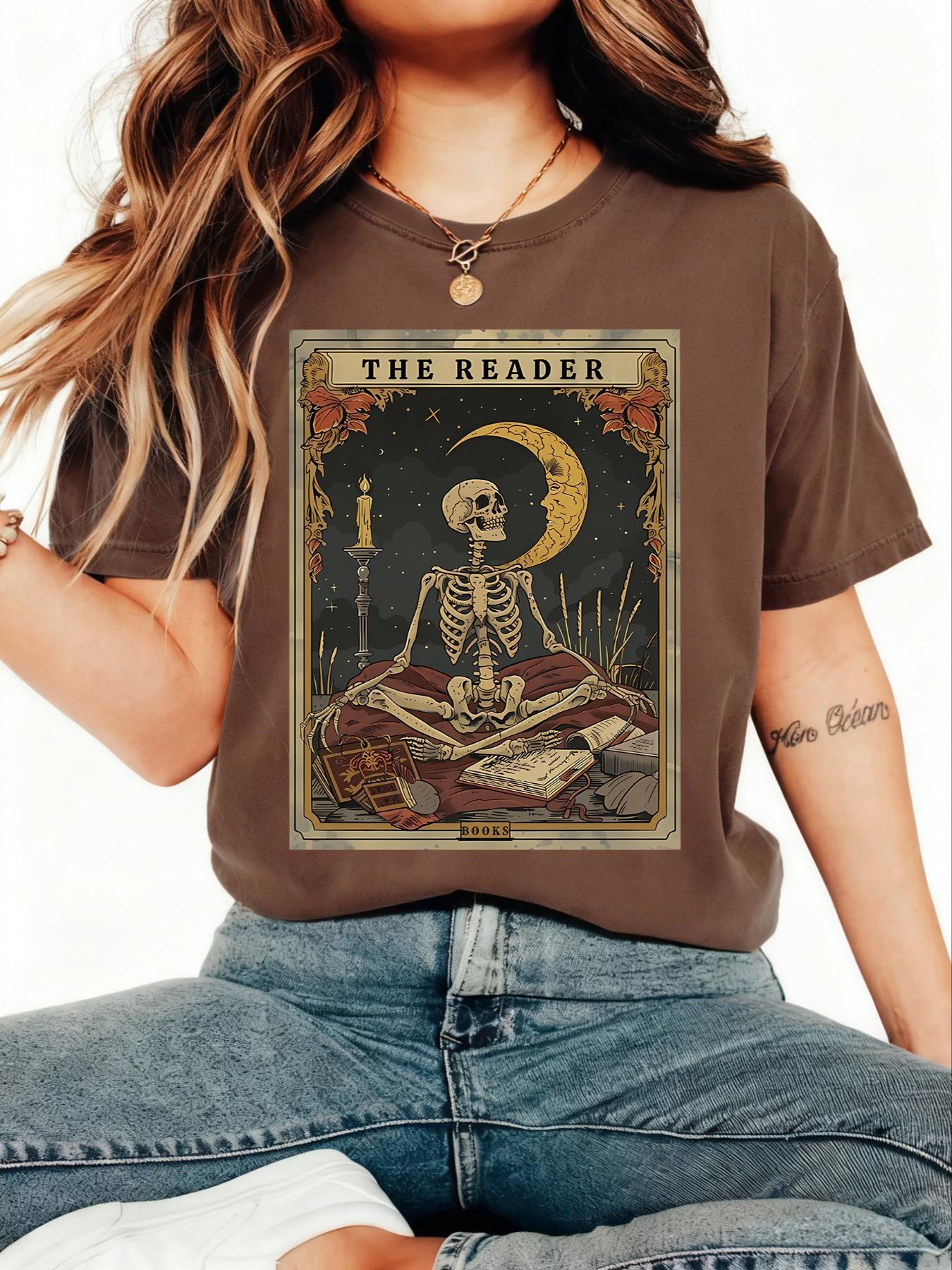 Women's Letter, Skeleton & Graphic Print Round Neck Tee, Vintage Trendy Casual Book Lover Gift Tarot Card Shirt for Daily & Everyday Wear, Ladies Summer Clothes Tops