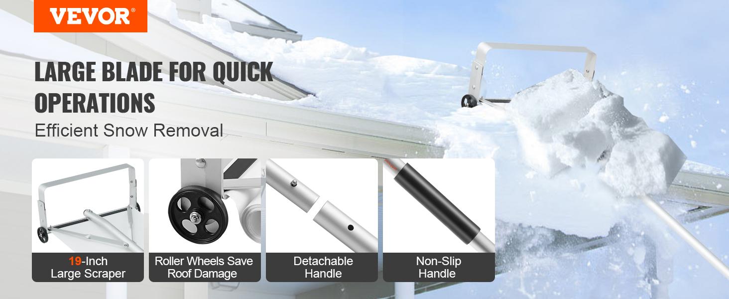 VEVOR Snow Roof Rake, 30ft Reach Aluminium Roof Shovel with Slide Cloth, Premium 19 Blade Snow Removal Tool, Safe on Roof with Roll Wheels, Anti-Slip Handle, Use for House Roof, Car Snow, Wet Leaves