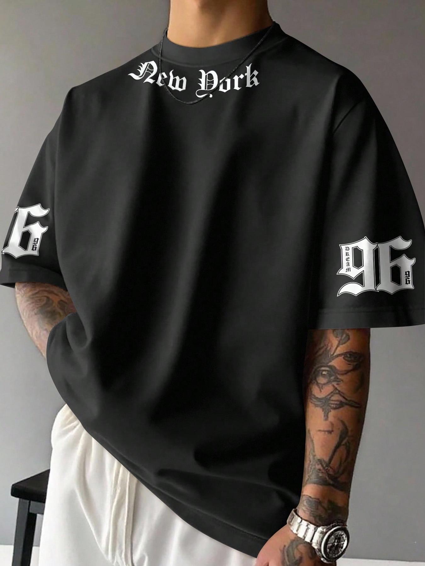 Men's Stylish Casual Round Neck T-Shirt with English Print, Breathable Polyester Fabric, Comfortable Fitted Design for Everyday Wear, Casual Style Tee