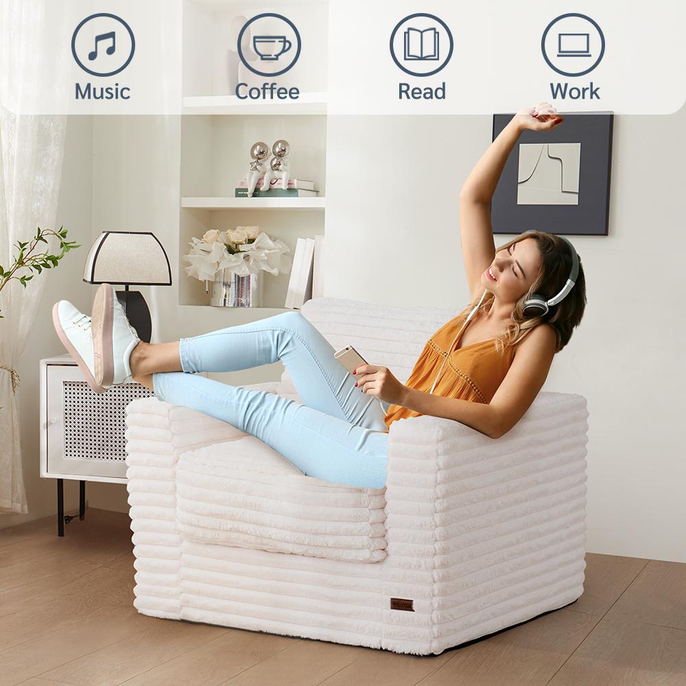 MAXYOYO Plush White Bean Bag Chair, Boneless Couch and Modular Floor Sofa with Pillows, Machine Washable Faux Fur Lazy Sofa