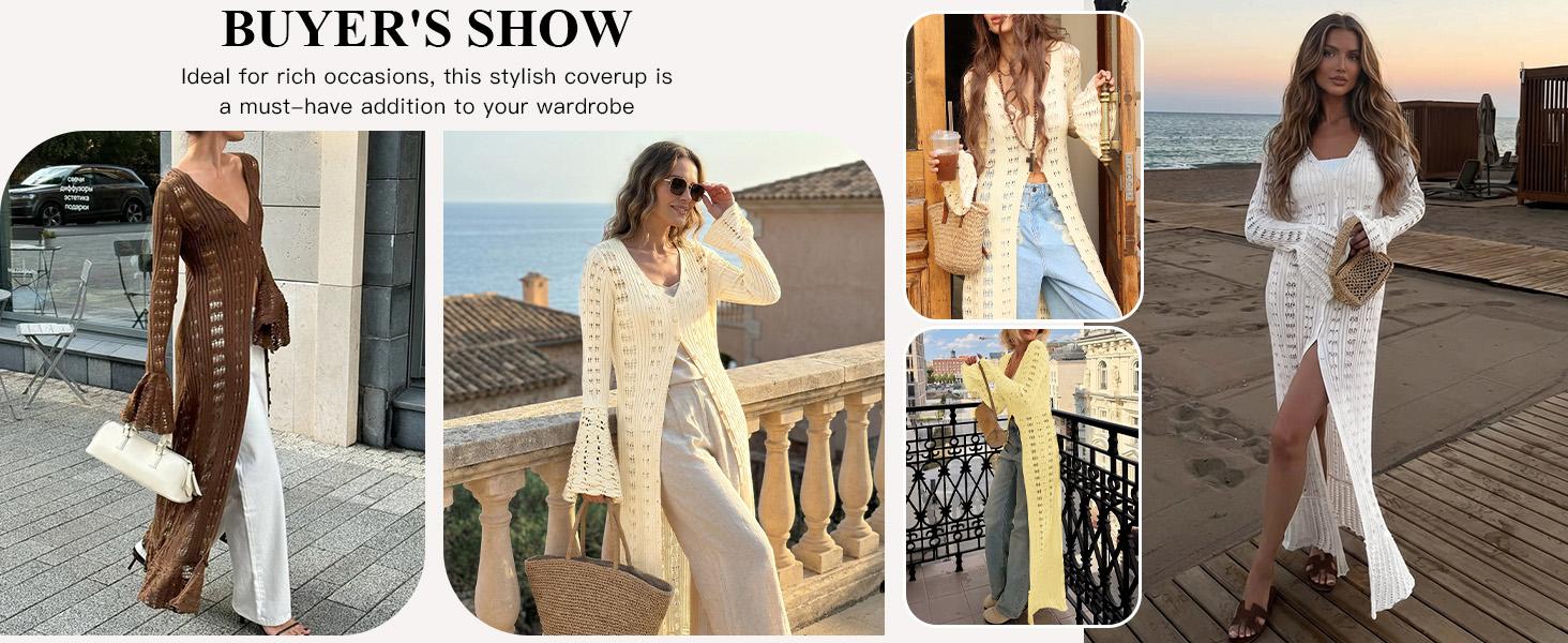 Saodimallsu Women's Basic Crocheted Cotton Cardigan Tops, Boho Crochet Knit Duster with Long Bell Sleeves, Ruffle Detail, Button-Front Beachwear Cover-Up Clothes