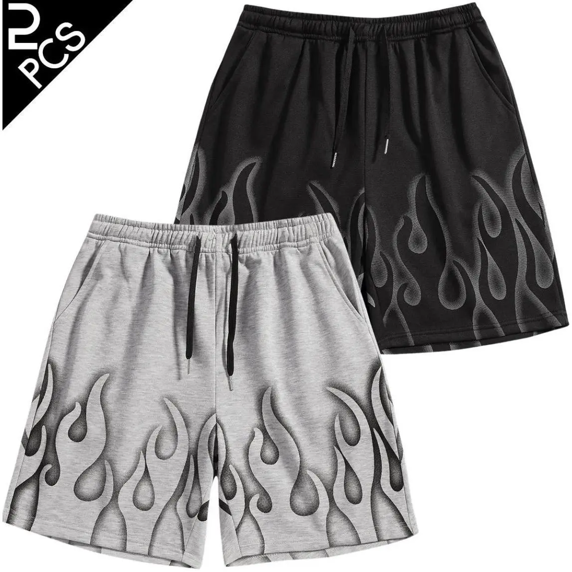 Men's 2-Pack Flame Graphic Drawstring Elastic Waist Sweat Shorts, Y2K Hip Hop Streetwear Short summer cargo men casual cargo short outdoor fitness active pants