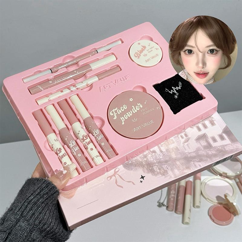 Pink Mist Soft Light Makeup Gift Box Lip Color Powder Blusher Powder Eyebrow Pencil Eyeliner Eye Black Makeup Set Women's Gifts