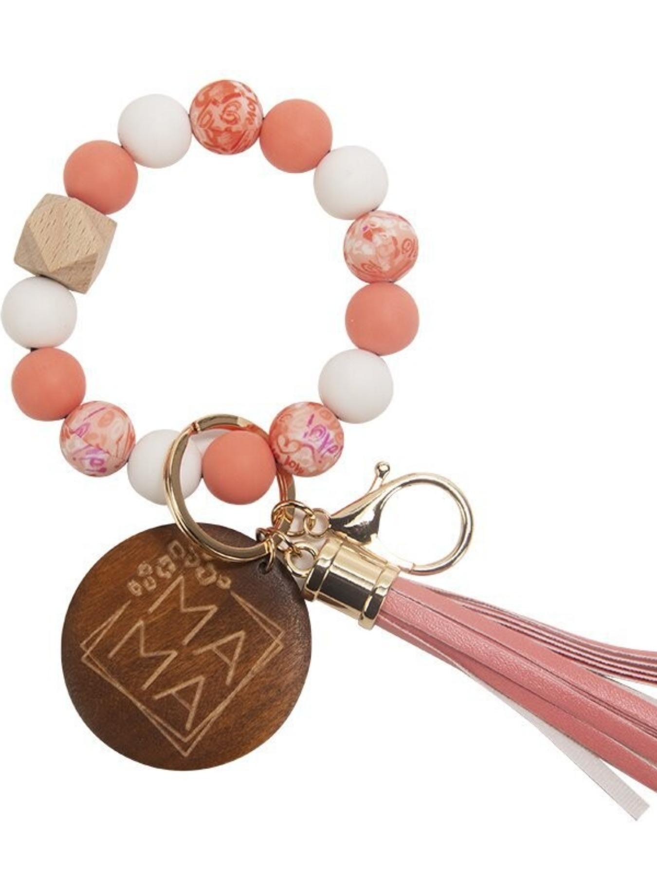 Mother's Day Gift Mama Silicone Bead Wood Slice Fringe Beaded Keychain, Handmade Silicone Bead Bracelet, Elastic Rope Fringe Keychain Bracelet