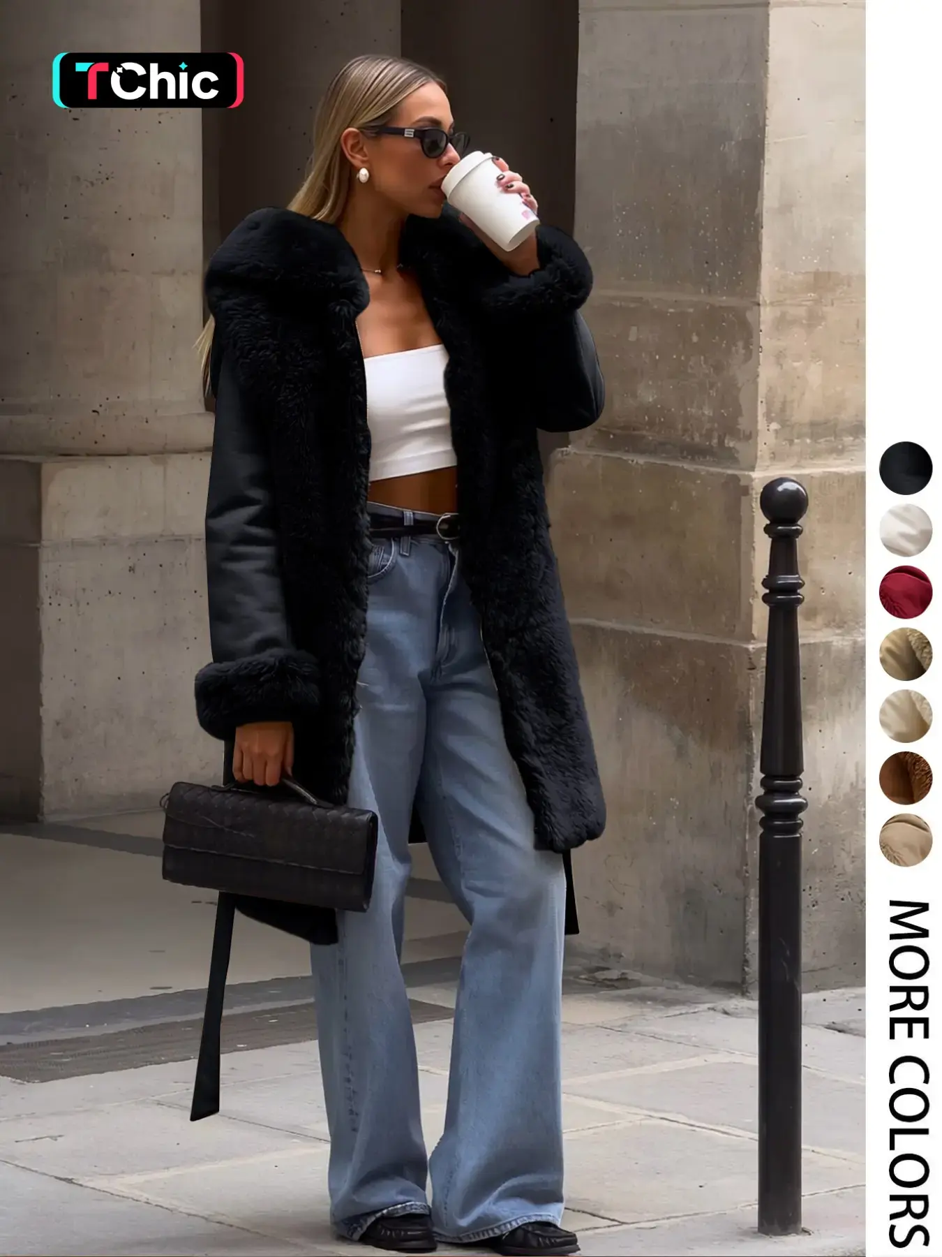 Women's Winter Faux Fur Coat with Belt, PU Patchwork Hooded Jacket, Elegant Casual Warm Waistcoat for Fall & Winter