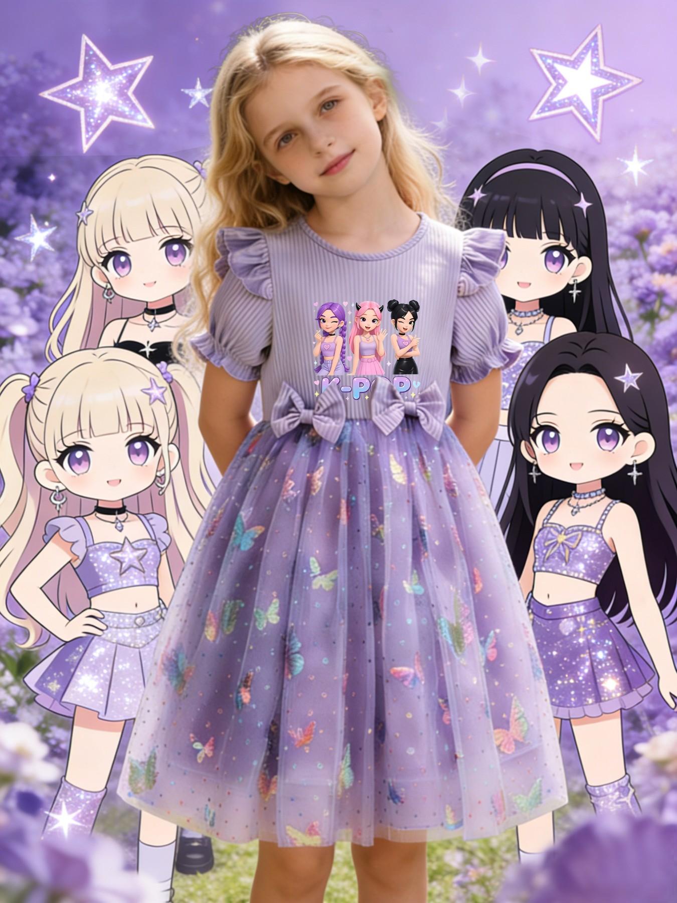 K-Pop Butterfly Child Princess Dress, Cute Fly Sleeve Bow Net Dress, Slim-Fitting Butterfly Pattern Dress for Girls