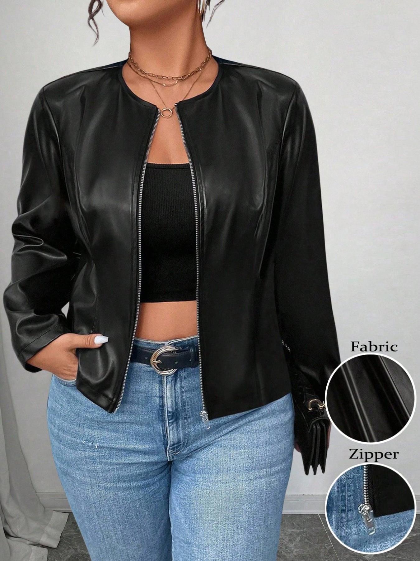 Plus Size Women’s PU Leather Jacket, Stylish Zip Up Faux Leather Coat, Classic Long Sleeve Outerwear for Casual, Streetwear, Weekend and Everyday Fashion