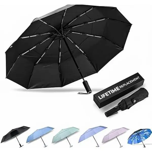 Windproof Travel Umbrella, Large Double Canopy, 10 Ribs | Windproof & , Auto Open/Close, Compact Design,  Grip