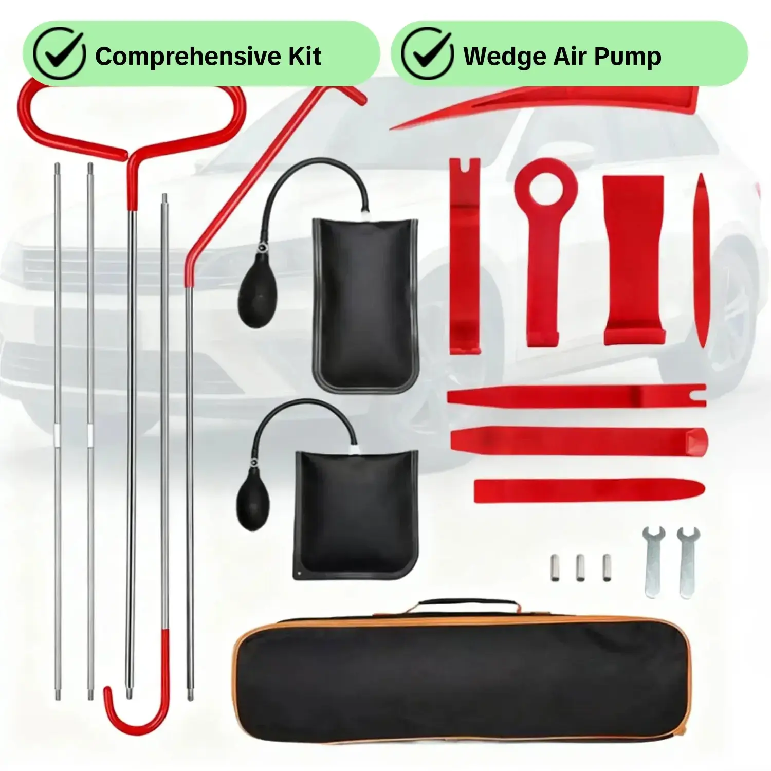 21-Piece Car Door Interior Repair Tool Set, Automotive Vehicle Tool, Automotive Repair Kit, Includes Air Pump, Window and Door Opening Clips, Long Handle Tools, Storage Bag