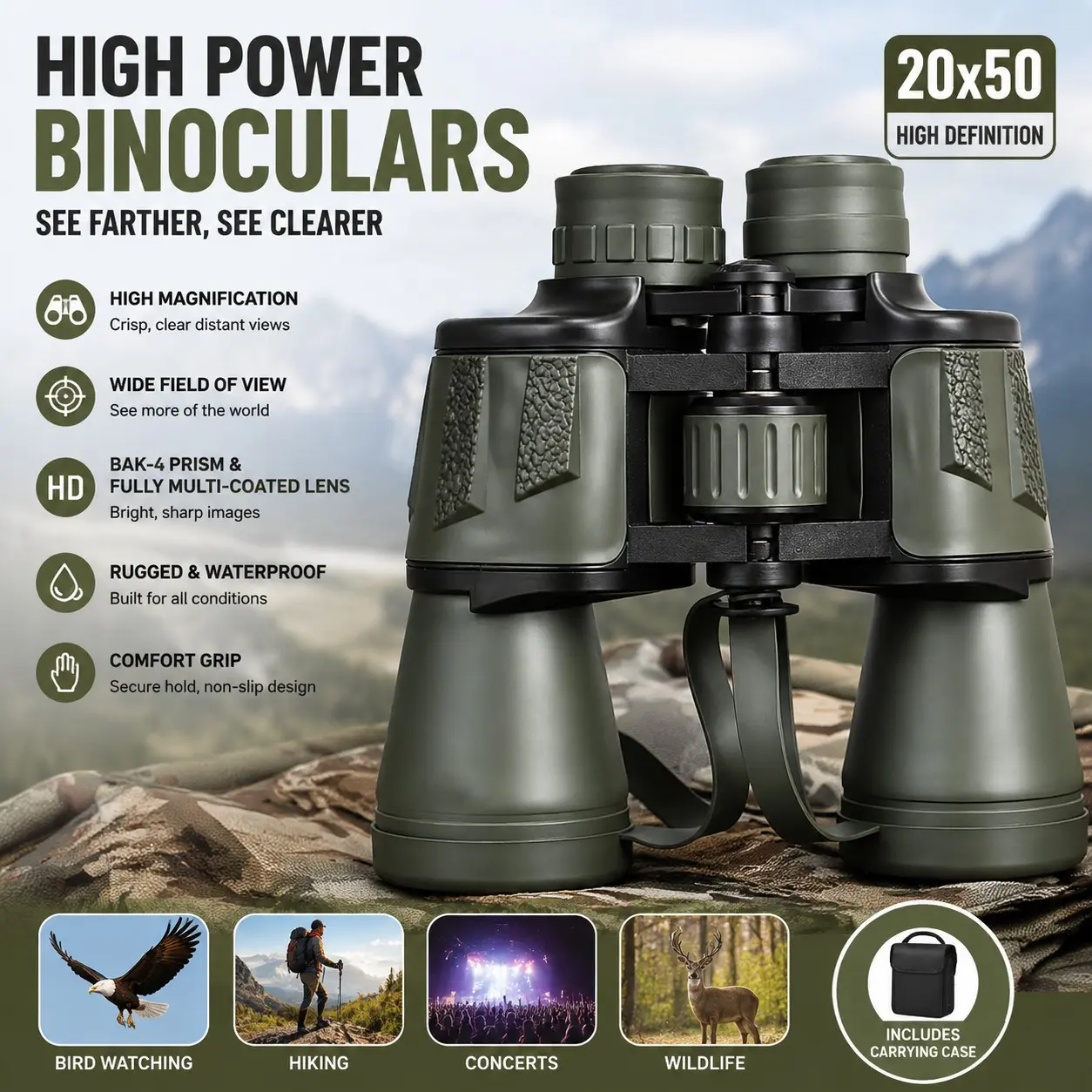 High Definition Binoculars for Adults, 20x50 Waterproof Compact Binoculars with Wide Field of View, Portable Outdoor Telescope for Bird Watching, Hunting, Hiking, Camping and Wildlife Viewing