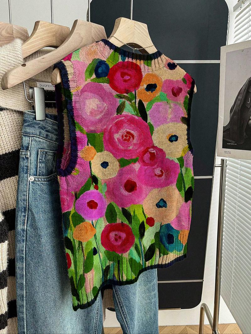 Women's Loose-Fitting Round Neck Sleeveless Knit Top, Floral Print Color-Blocked Cardigan, Casual Fall & Winter