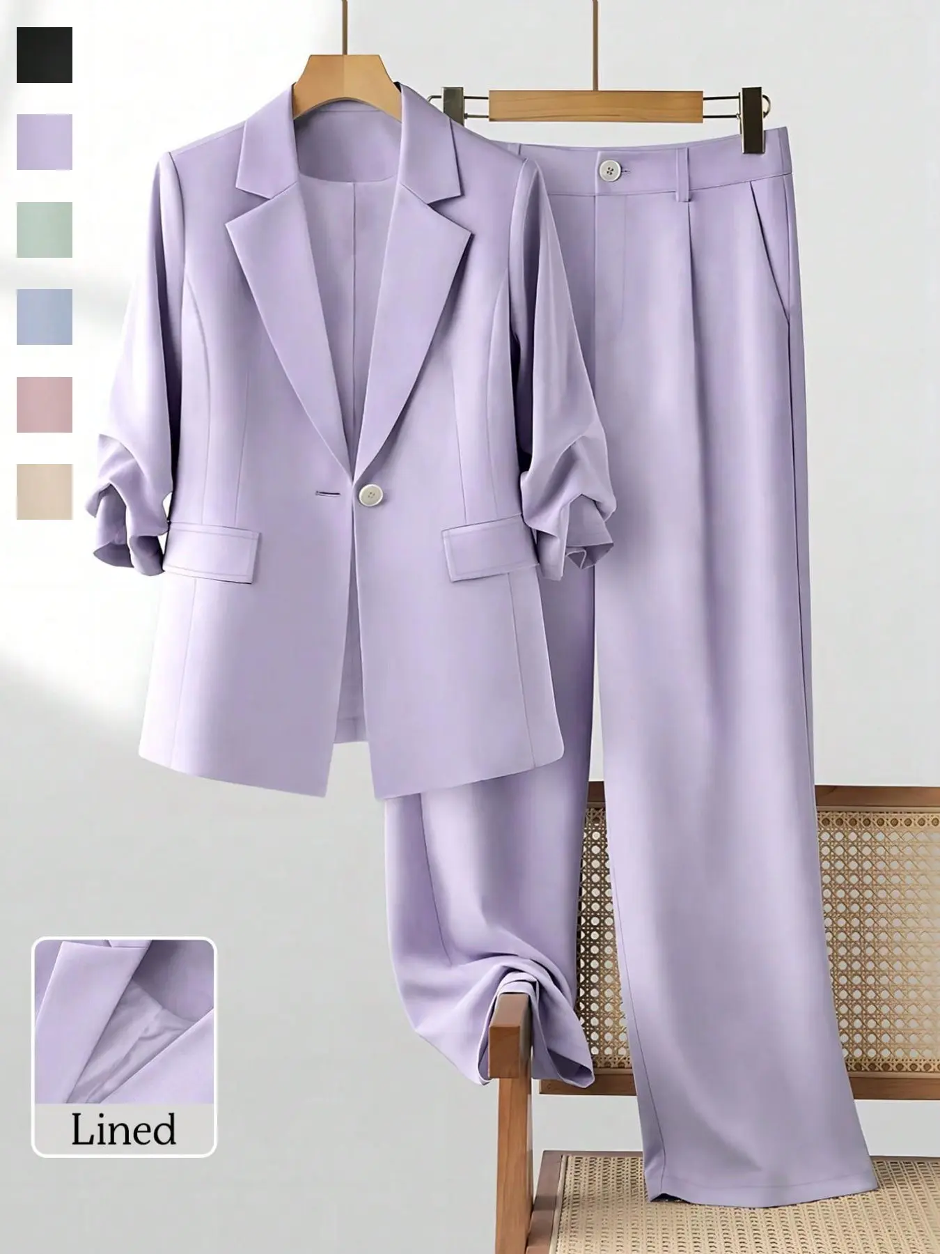 Women's Lightweight Commuter Pleated Seven-Quarter Sleeve Loose Single Button Blazer Set, Simple Drape Lapel Casual Suit Top and Pants Set
